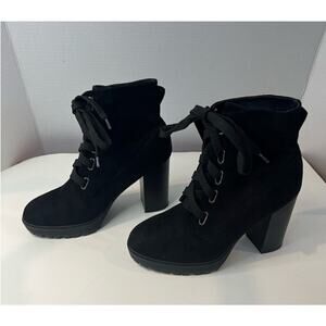 SODA Women's Faux Black Suede‎ Lace Up Ankle Chunky Lug Heel Moto Booties 10